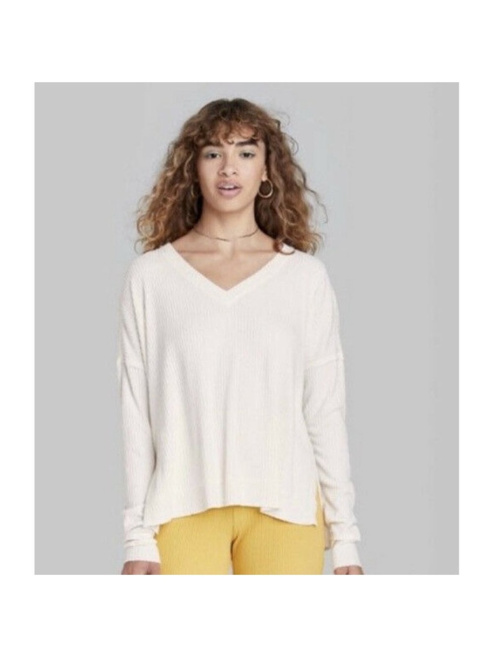 Cream V-Neck Waffle Knit Sweater Large NWOT